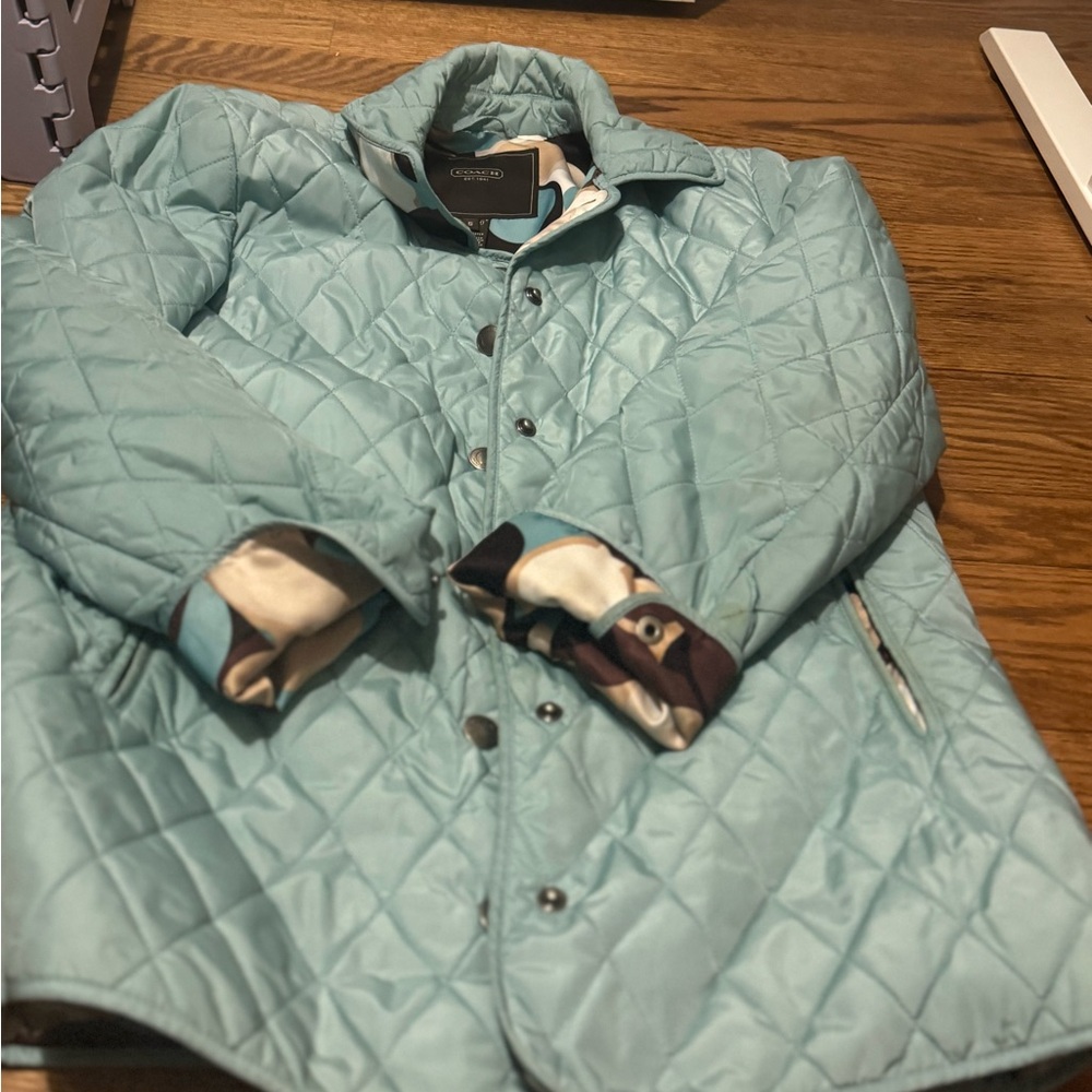 Coach Light Blue Quilted Jacket with Patterned Lining